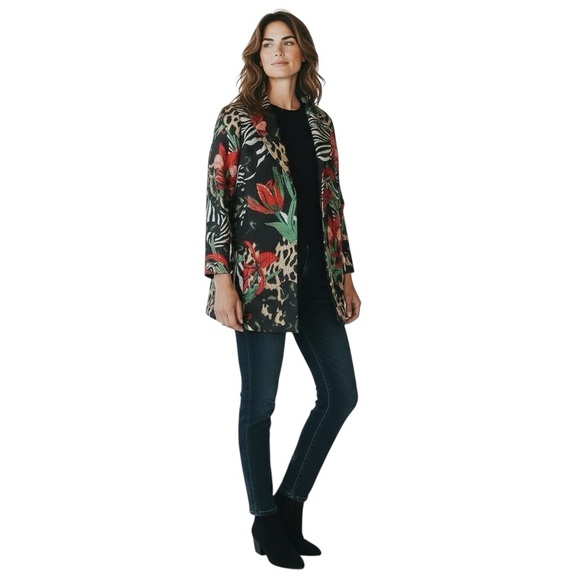Chico's Jackets & Blazers - CHICO’s Tropical Tapestry Embroidery Long Blazer in Black/Red/Gold Size 3 (16)